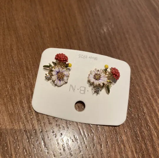 French Vintage Oil Painting Floral 925 Silver Earrings
