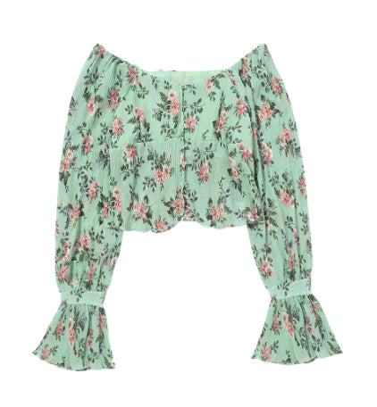 Vintage Green Floral Print Short Vacation Shirt for Women