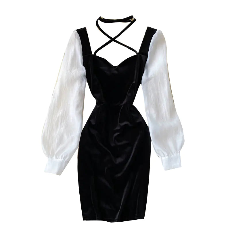 Elegant Velvet Dress with Puff Sleeves and Color Block Design