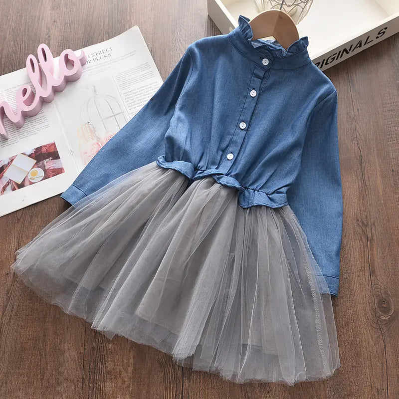 Girls' Denim Top with Mesh Skirt Princess Dress