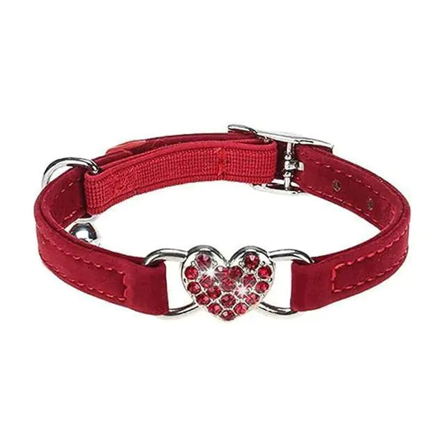 Heart-Shaped Velvet Dog Collar with Crystal and Bell