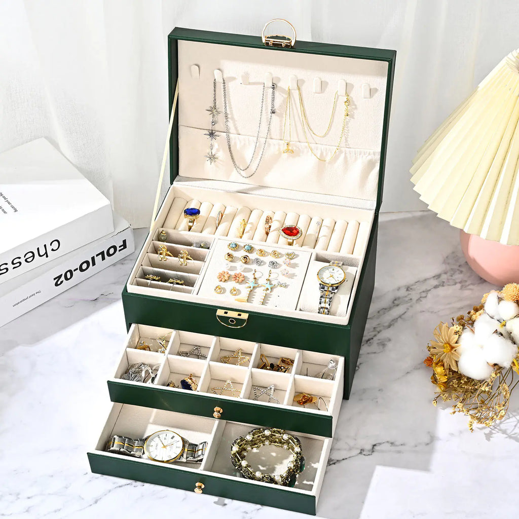 Luxury Diamond Pattern 3-Layer Jewelry Box with Lock