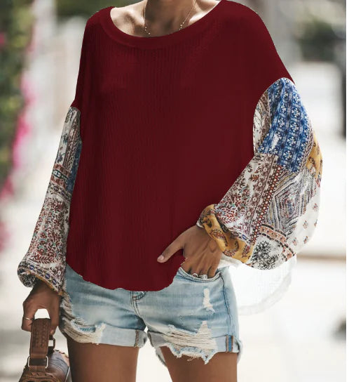 Bohemian Print Long Sleeve Knit Top with Flare Sleeves