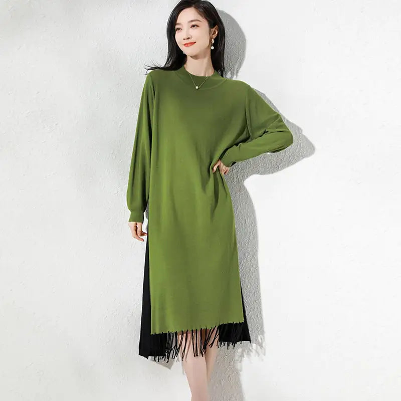 Loose Mid-length Knitted Dress with Tassels