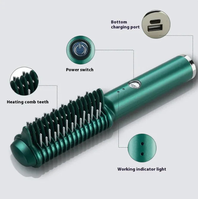 USB Wireless Hair Straightening and Curling Comb - Rechargeable Ceramic Styling Tool (Green)