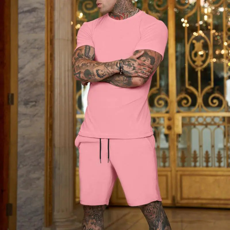 Men's Solid Color Short Sleeve T-Shirt and Shorts Set