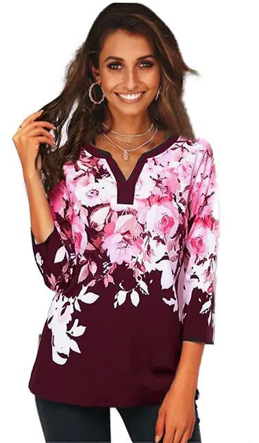 European Women's T-Shirt, V-Neck Printed Top