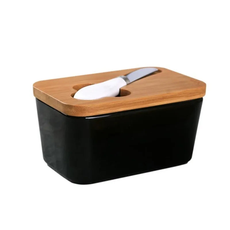 Ceramic Butter Dish with Bamboo Cover and Knife