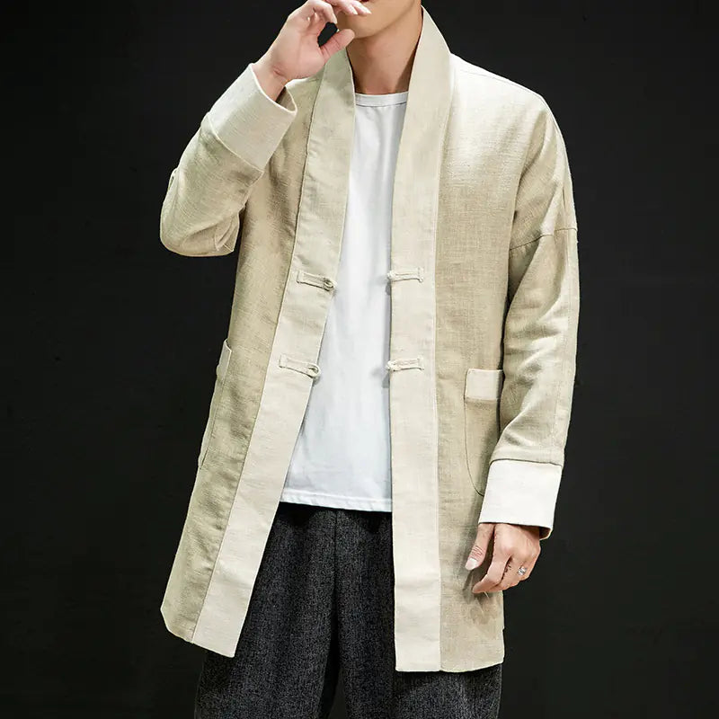 Men's Casual Chinese Style Linen Coat - Retro Long Hanfu
