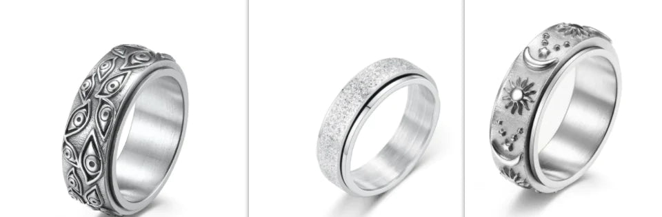 Rotatable Titanium Steel Ring with Stars, Sun, Moon