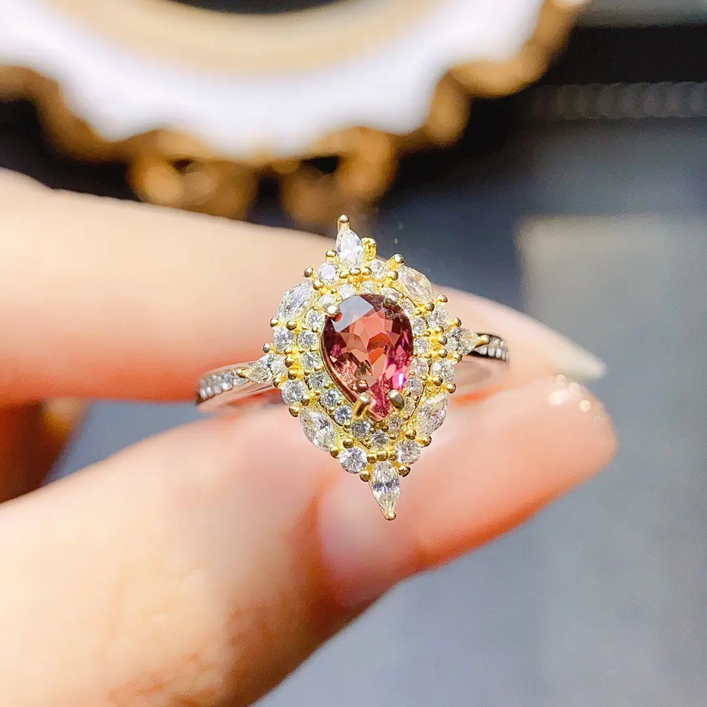 Natural Tourmaline Ring with S925 Silver Inlay