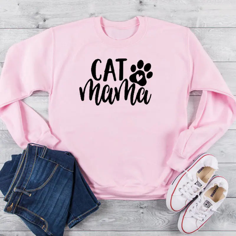 Cotton Crew Neck Sweatshirt with Cat Mama Design