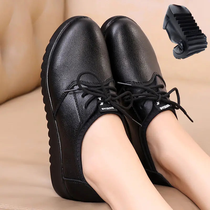 Women's Work Shoes, Flat Black Leather Shoes