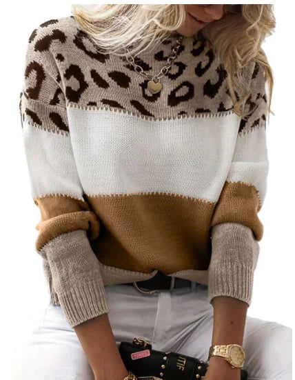 Leopard Pattern Color Block Round Neck Casual Sweater