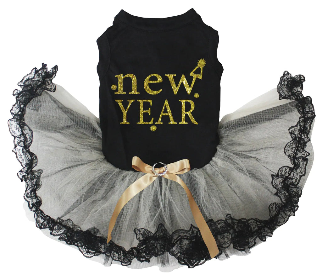 Petitebella New Year Puppy Dog Dress (Black/Gold Black Lace Small)