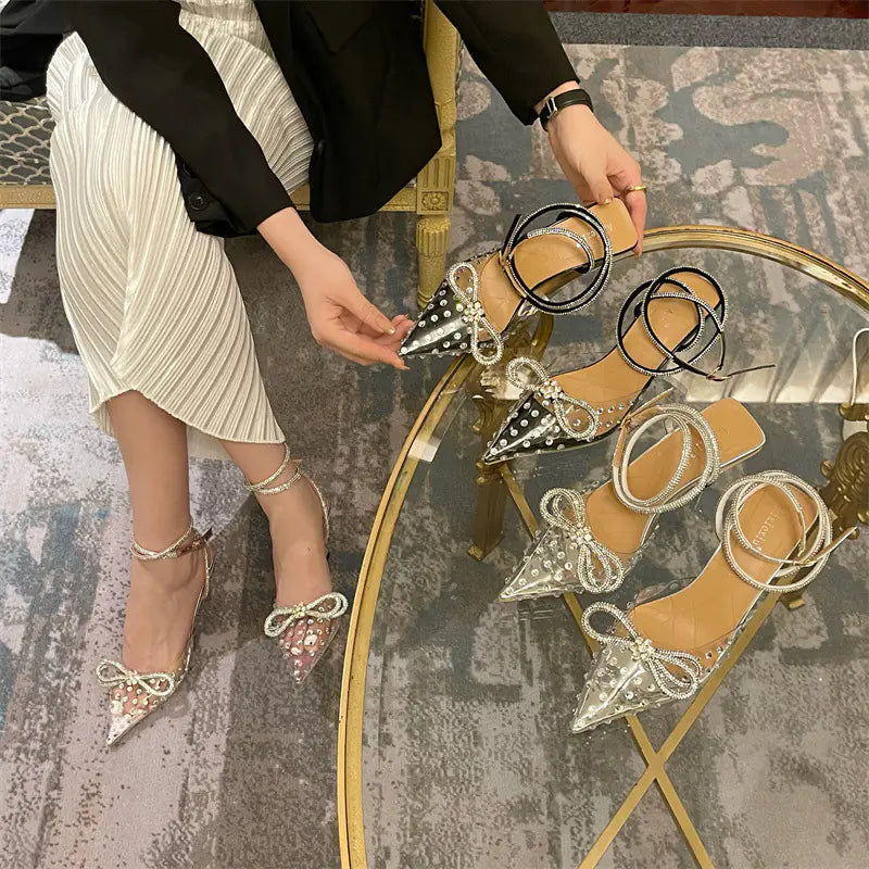 Spring Transparent Rhinestone Bow High-Heeled Sandals