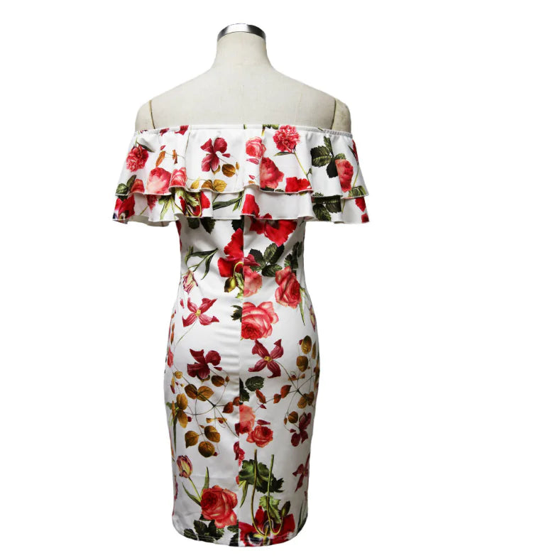 Ruffled Off-Shoulder Floral Bodycon Dress