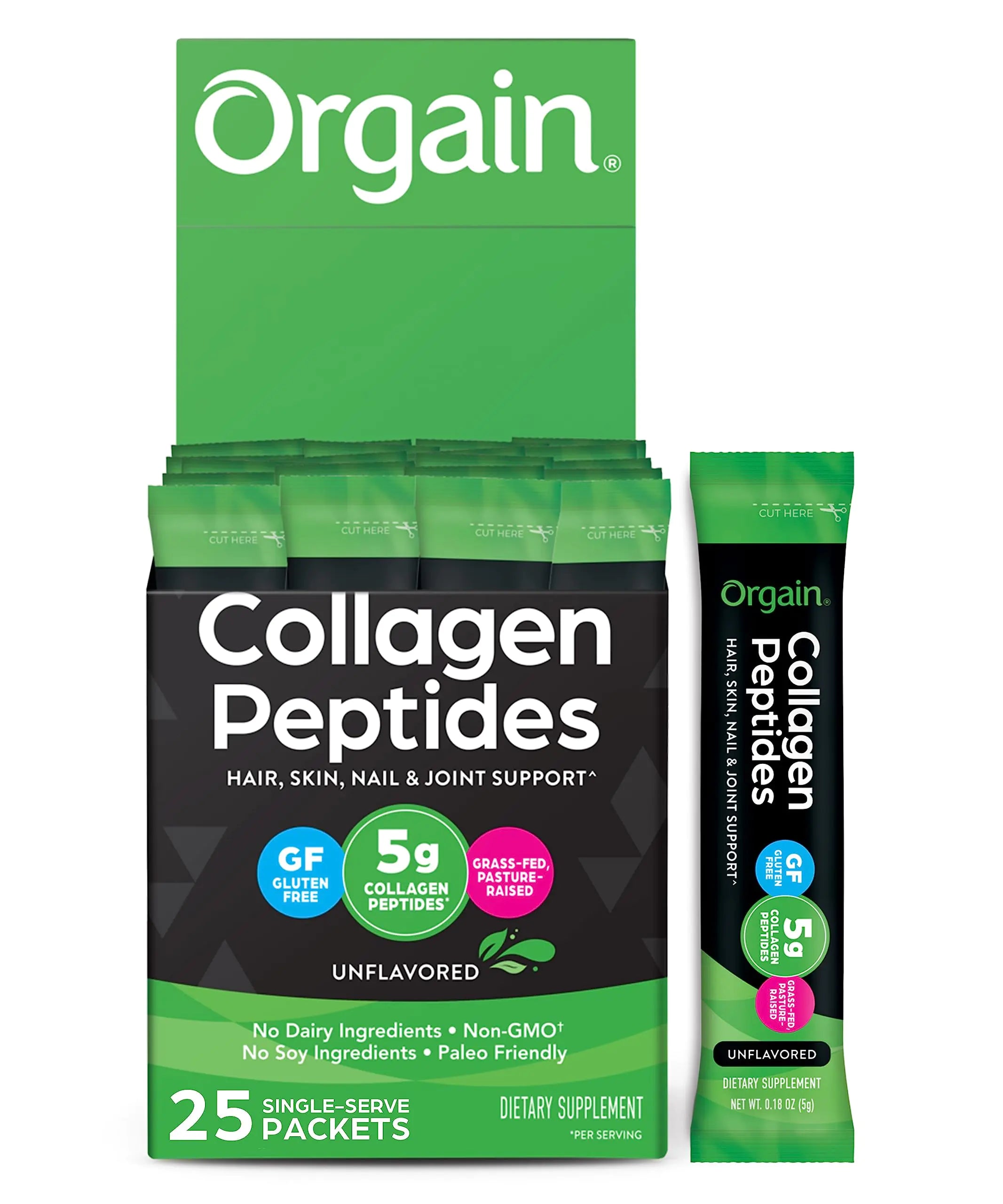 Orgain Hydrolyzed Collagen Peptides Travel Packets For Women & Men - 5g Grass Fed Collagen Per Serving Hair Skin Nail & Joint Support Supplement Non-GMO Type I & III - Unflavored (25 Count)