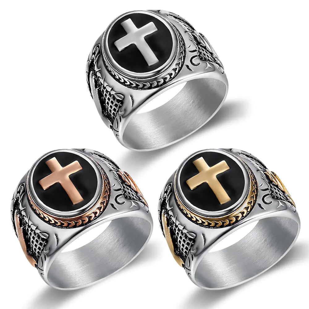 Titanium Steel Men's Cross Ring with Black Resin Design