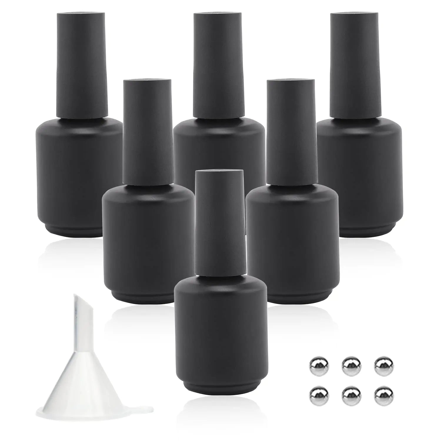 Empty Gel Nail Polish Bottles 15ML Empty Nail Polish Bottles with Brush Matte Black Opaque Round Refillable Fingernail Polish Bottles UV Safe with Mixing Balls & Funnels Pack of 6 (Matte Black)