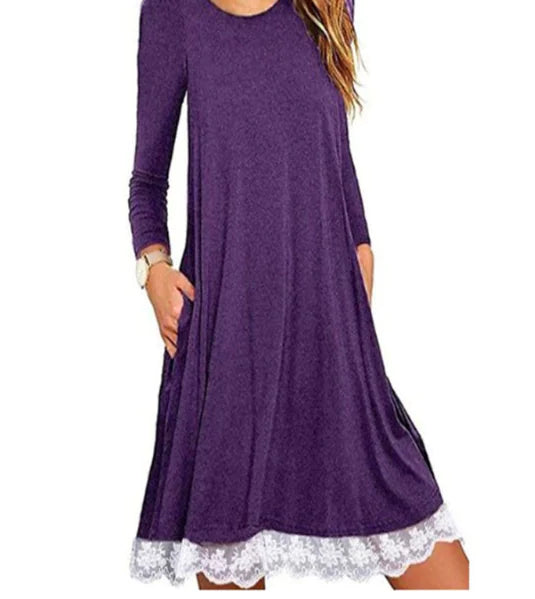 Plus Size Lace Panel Round Neck Short Sleeve Dress