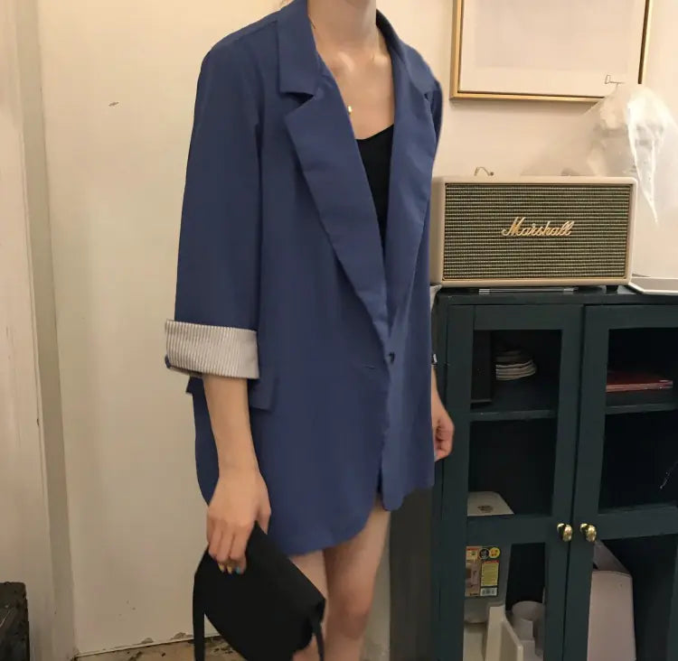 Women's Thin Striped Sleeve Blazer and Shorts Set