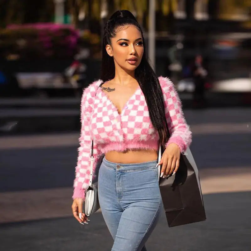 Sweet Pink V-Neck Short Mink Cardigan Sweater