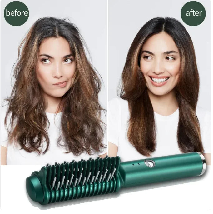 USB Wireless Hair Straightening and Curling Comb - Rechargeable Ceramic Styling Tool (Green)