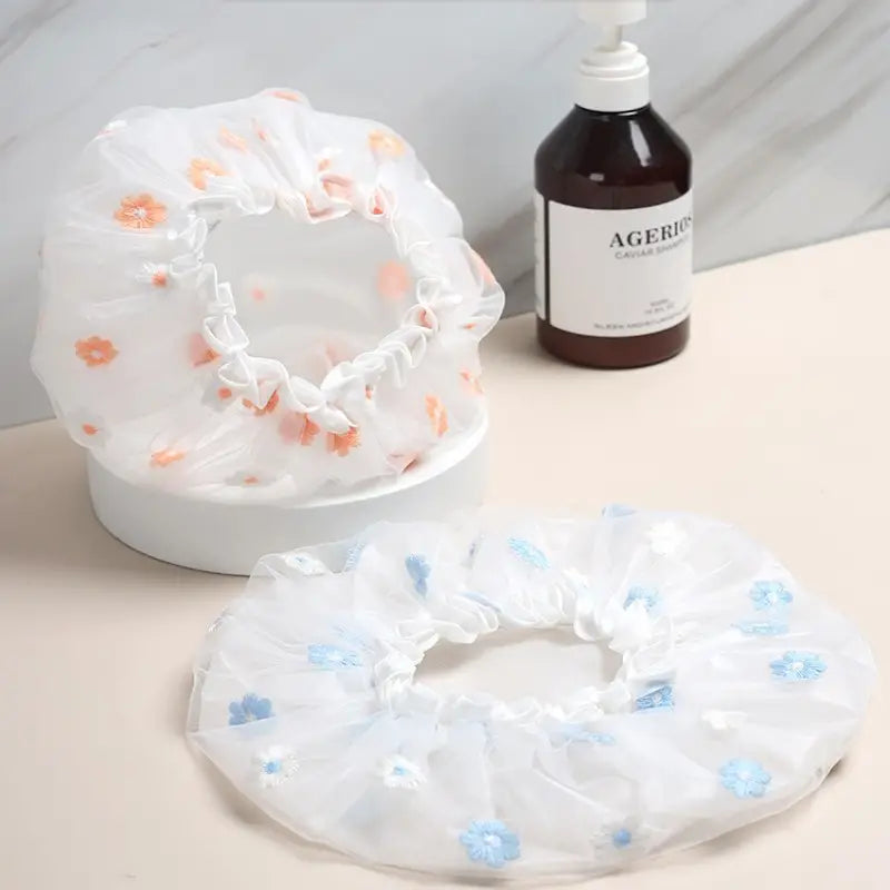 Double Layer Waterproof Shower Cap with Daisy Embroidery