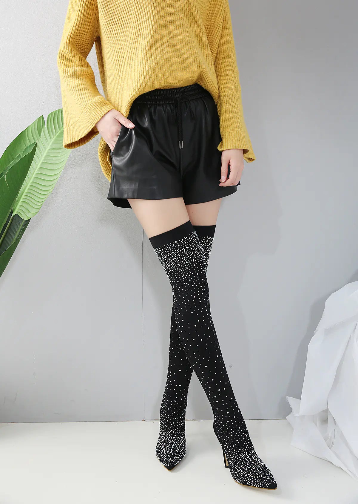 Stiletto Thigh High Heeled Boots with Rhinestones