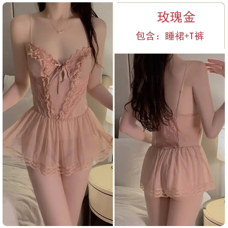 Lace and Mesh Deep V Nightgown and Robe Set 2216