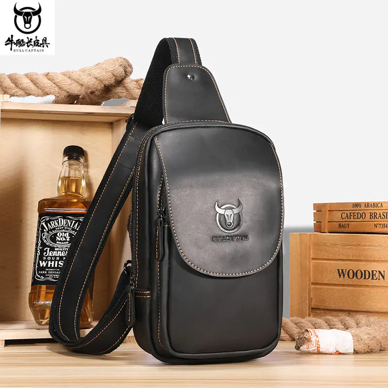 Men's Vintage Leather Chest Bag - Genuine Cowhide for iPad