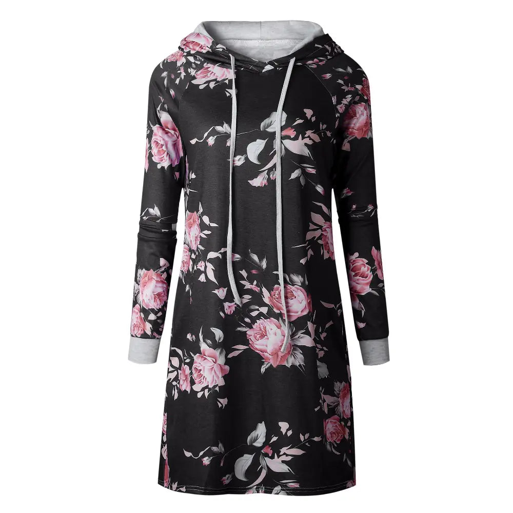 SINFEEL Autumn Fashion Floral Print Hoodie Dress for Women