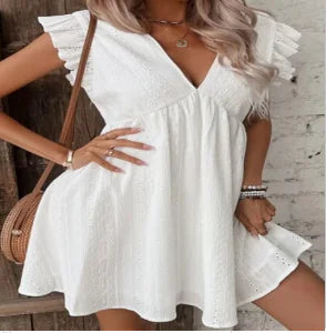 Bohemian Mini Dress with Eyelet Ruffled Cap Sleeves