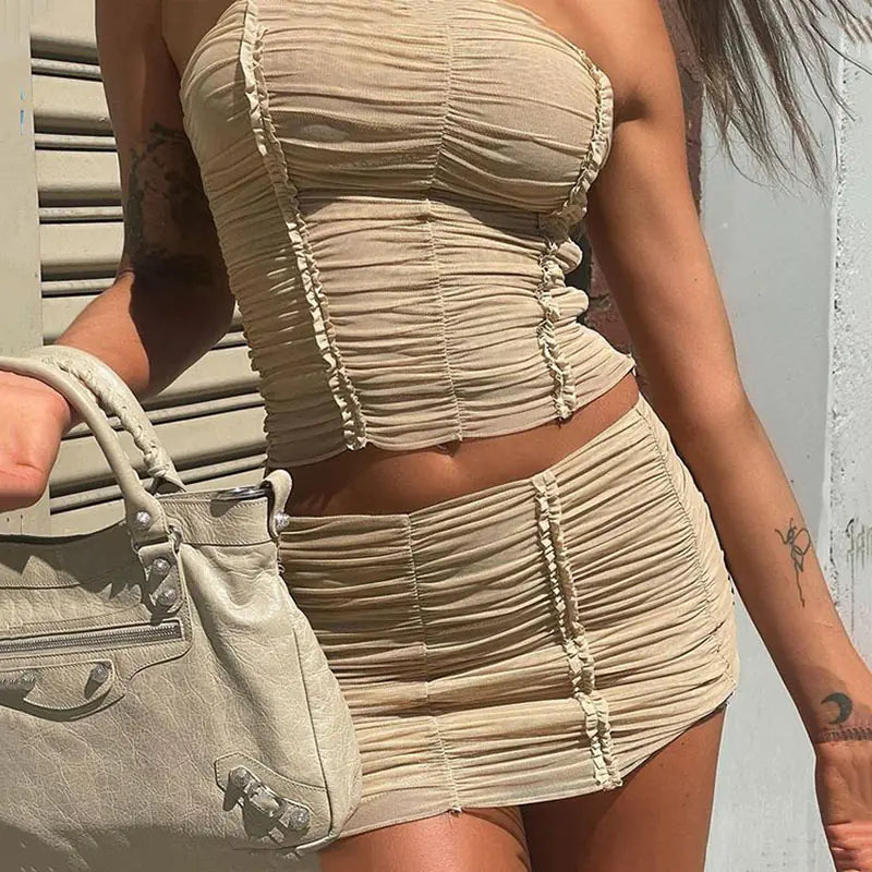 Summer Sheer Mesh Two-Piece Set with Crop Top and Skirt