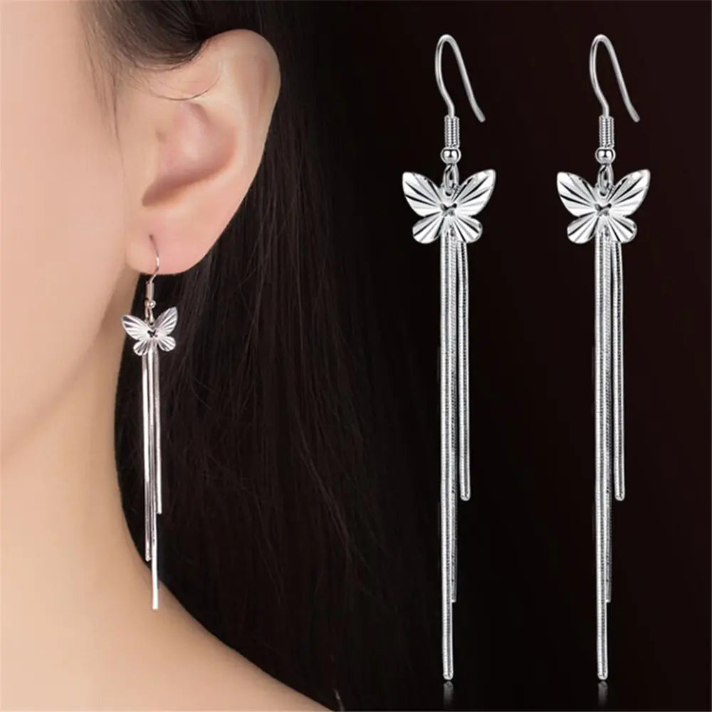 Stylish Long Butterfly Tassel Earrings in Silver