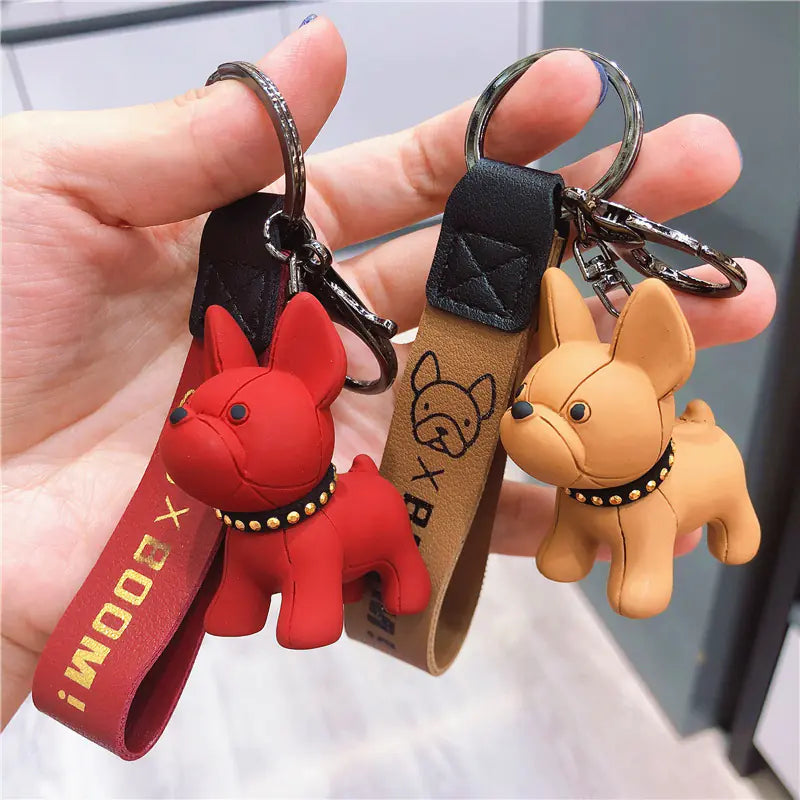 Creative Cartoon French Bulldog Leather Keychain Pendant