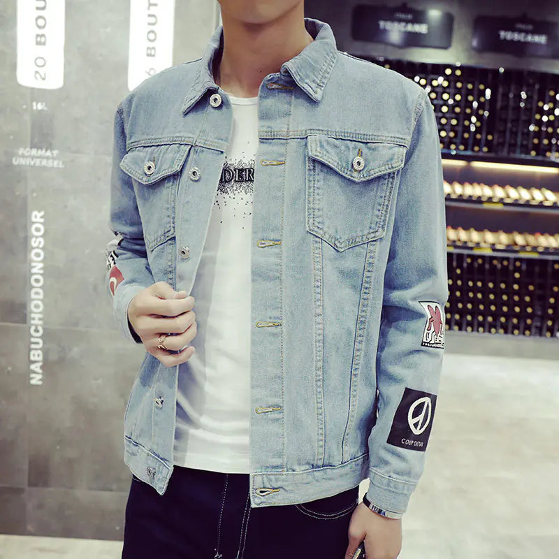 Men's Floral Print Slim Fit Denim Jacket for Youth