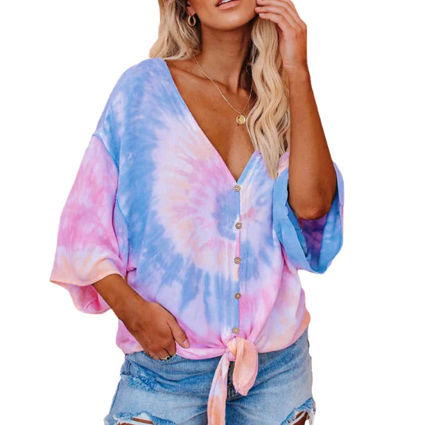 Tie-Dye Print Batwing Sleeve T-Shirt for Women