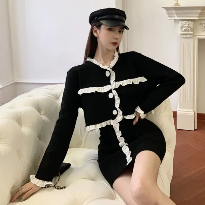 Fashionable Two-Piece Set with Ruffled Long Sleeve Top