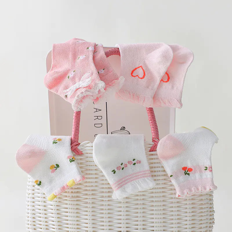 5PCS Kids' Lace Bow Cotton Summer Socks for Ages 3-12