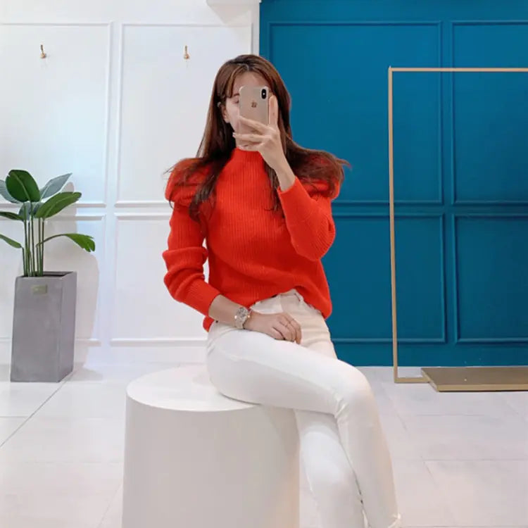 Sweet Puff Sleeve Pleated Knit Top for Women