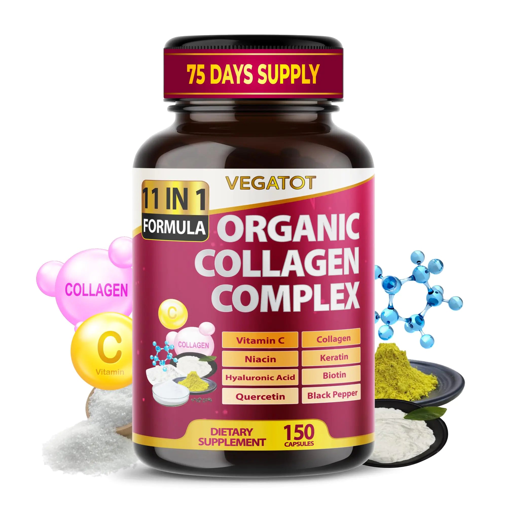 Organic Collagen 11019mg with Hyaluronic Acid Vitamin C Biotin & Keratin Niacin - Support Skin Hair Nails & Joint Health and Promote Healthy Aging - Made in The USA (90 Count (Pack of 1))