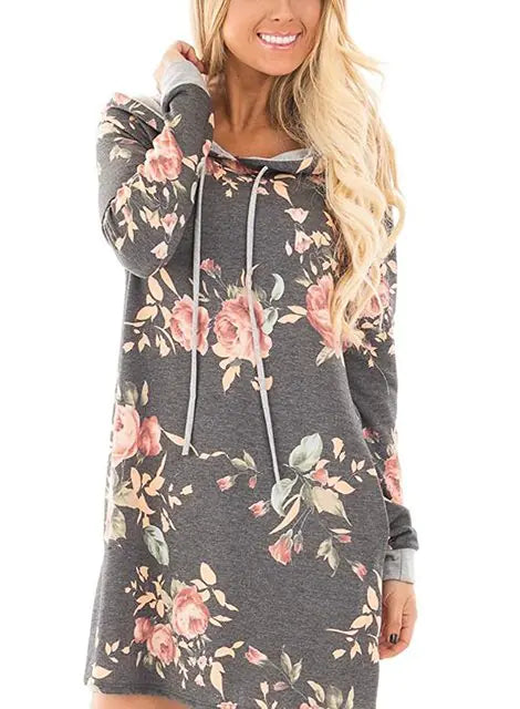 SINFEEL Autumn Fashion Floral Print Hoodie Dress for Women
