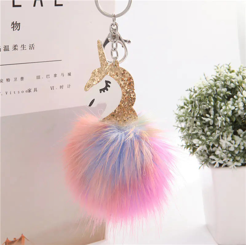Colorful Pom-Pom Unicorn Keychain with Plush Detail