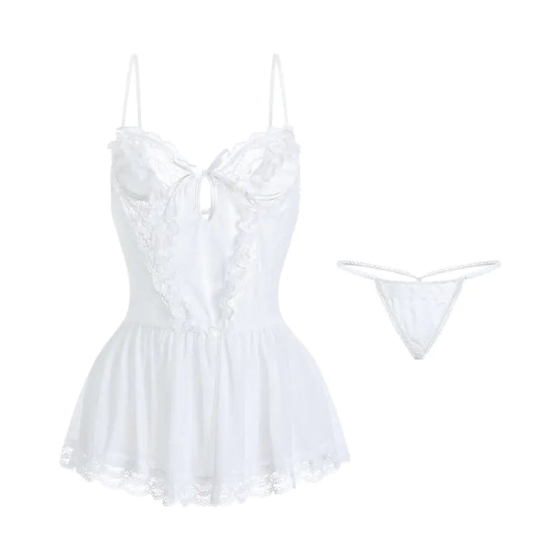 Lace and Mesh Deep V Nightgown and Robe Set 2216