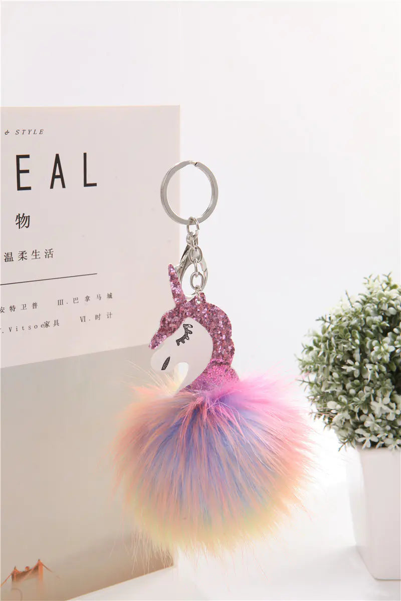 Colorful Pom-Pom Unicorn Keychain with Plush Detail