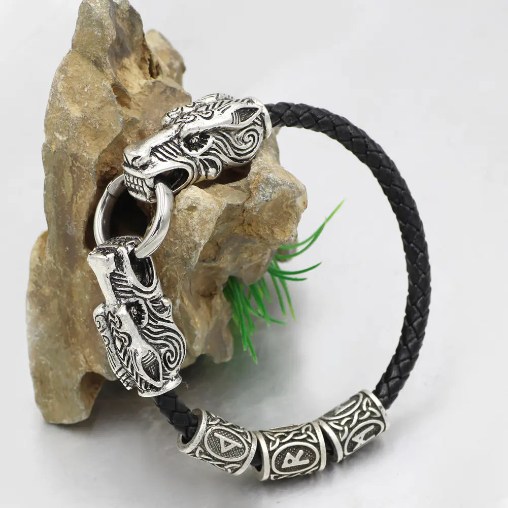 Vintage Viking Dragon Head Leather Bracelet for Men