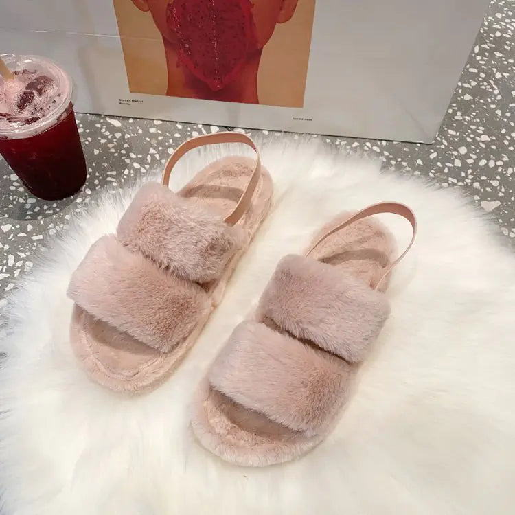 Women's Cute Flat Fuzzy Sandals with Thick Sole