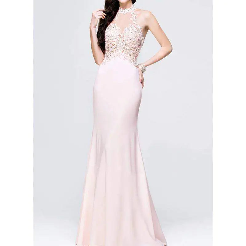 Pink V-Neck Lace Evening Dress